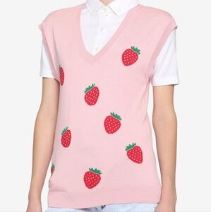 Hot Topic Sweater Vest Womens Size M Pink Strawberry Fruit Pullover Sleeveless